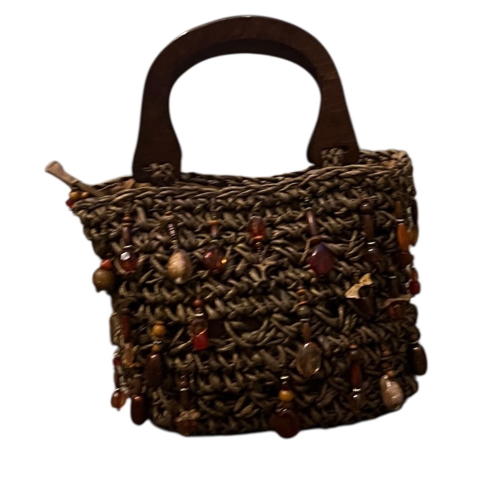 Blue Miami Woven Straw Raffia Purse Hand Bag Beaded Brown and wooden handles.